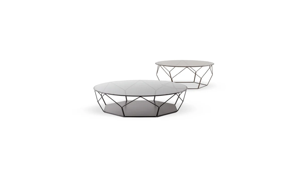 Bonaldo Arbor coffee table with sculptural curved-steel lattice base and round ceramic-inset top