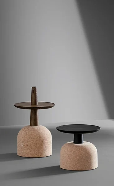 Bonaldo Assemblage small side table featuring a cork dome base and solid ash wood top—an artful blend of natural textures