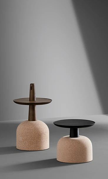 Bonaldo Assemblage small side table featuring a cork dome base and solid ash wood top—an artful blend of natural textures