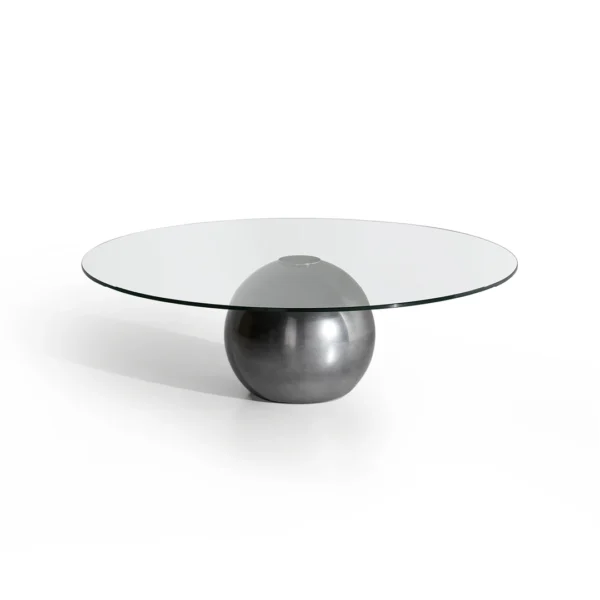 Bonaldo Circus coffee table with large smoked glass disc balanced atop spherical metal base in lead finish