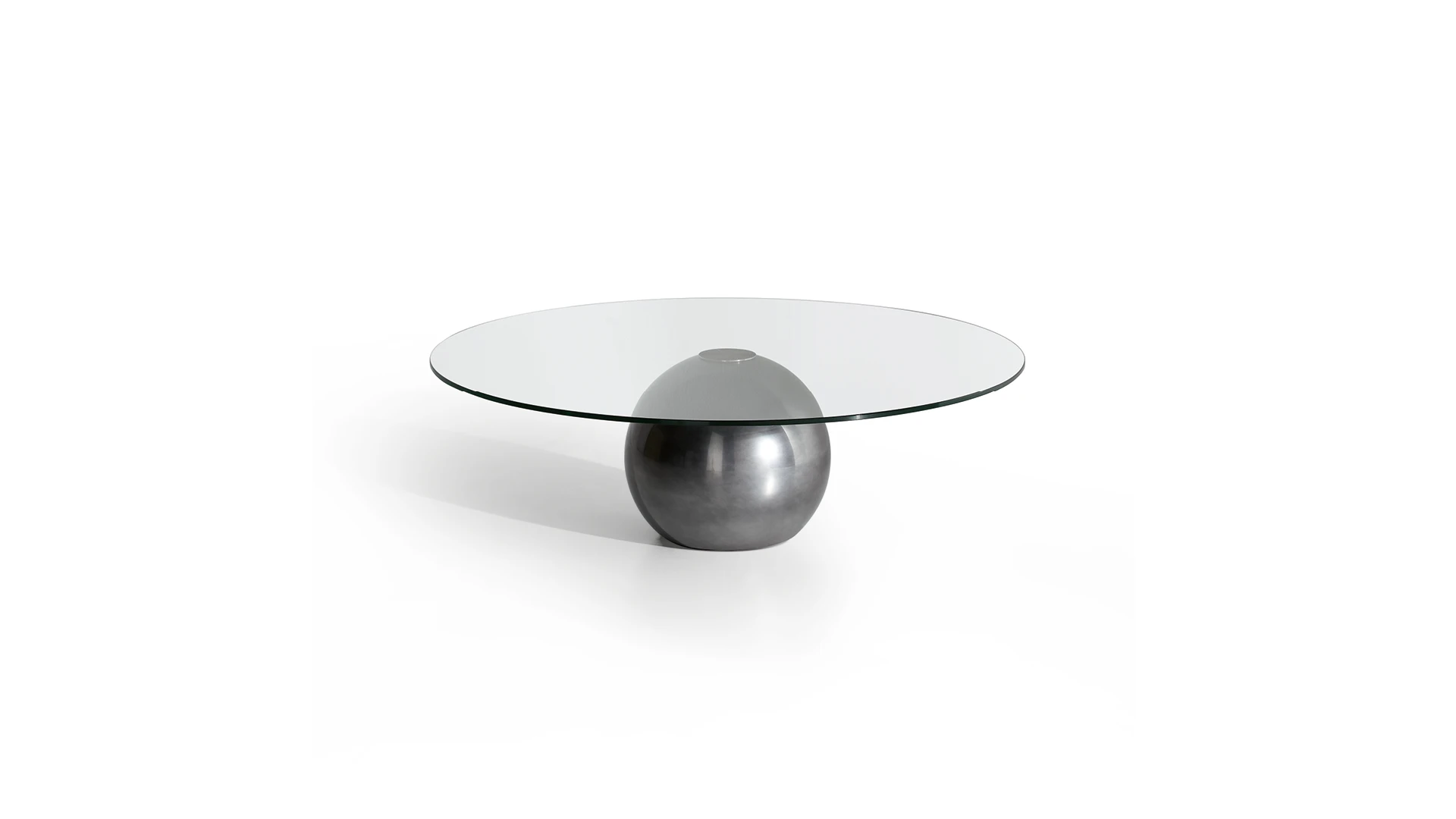 Bonaldo Circus coffee table with large smoked glass disc balanced atop spherical metal base in lead finish