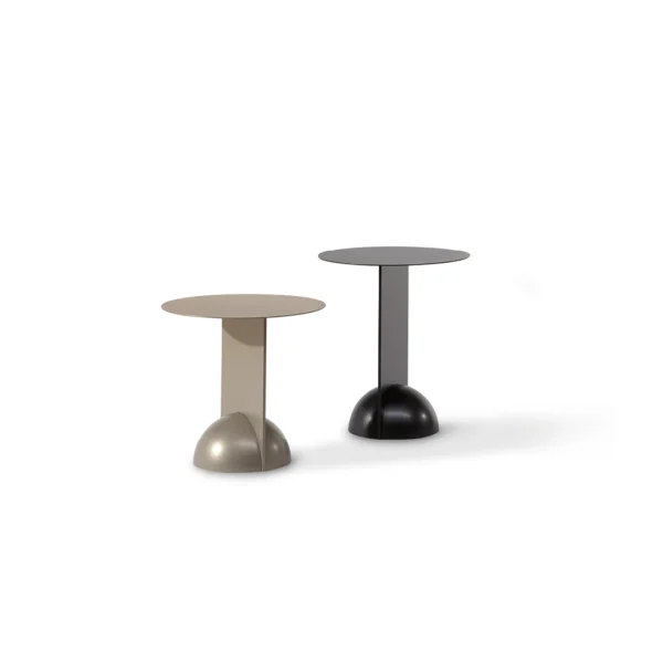 Bonaldo Combination table with round top, slender vertical panel, and half-sphere base in matte metal finish