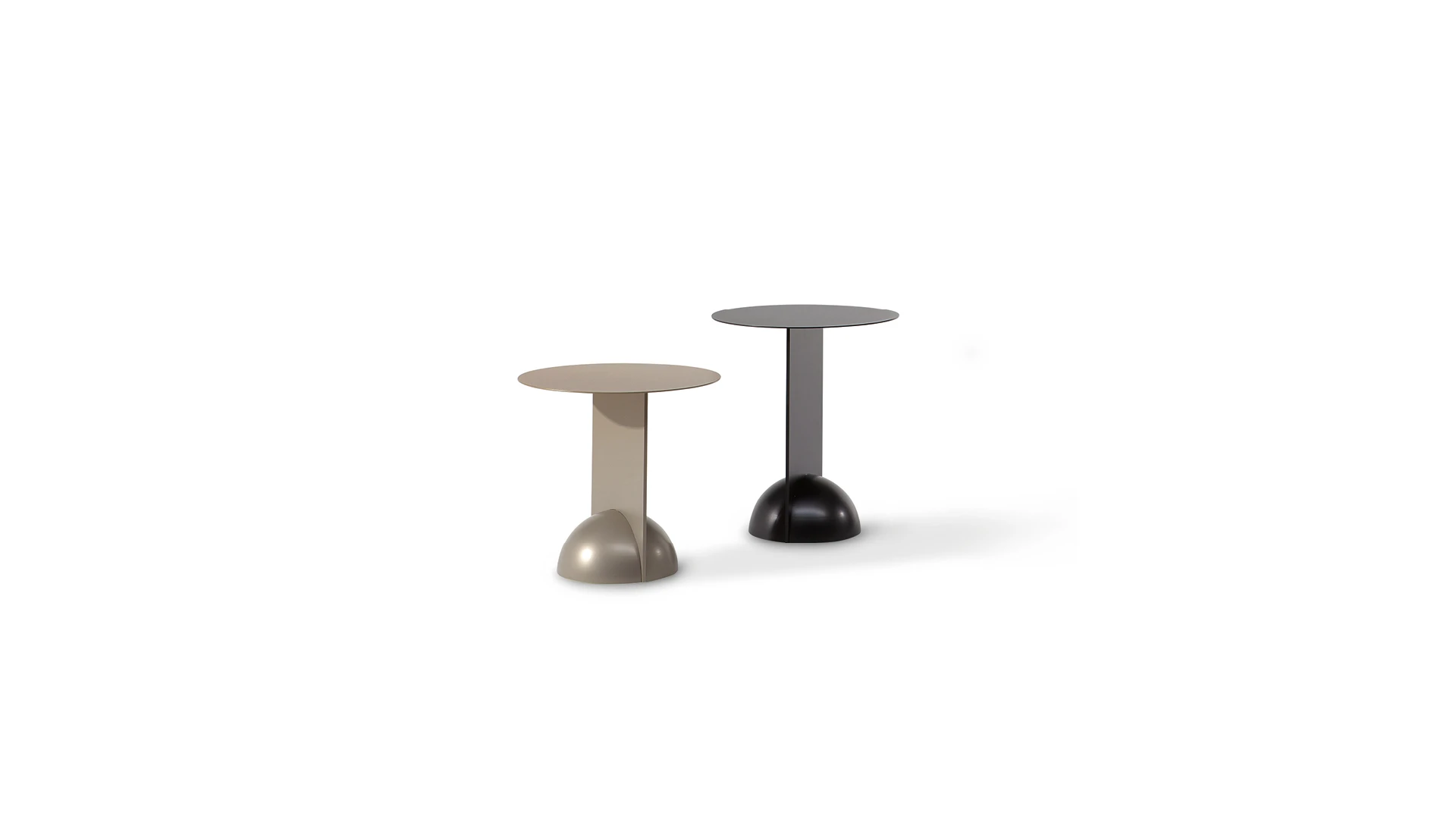 Bonaldo Combination table with round top, slender vertical panel, and half-sphere base in matte metal finish