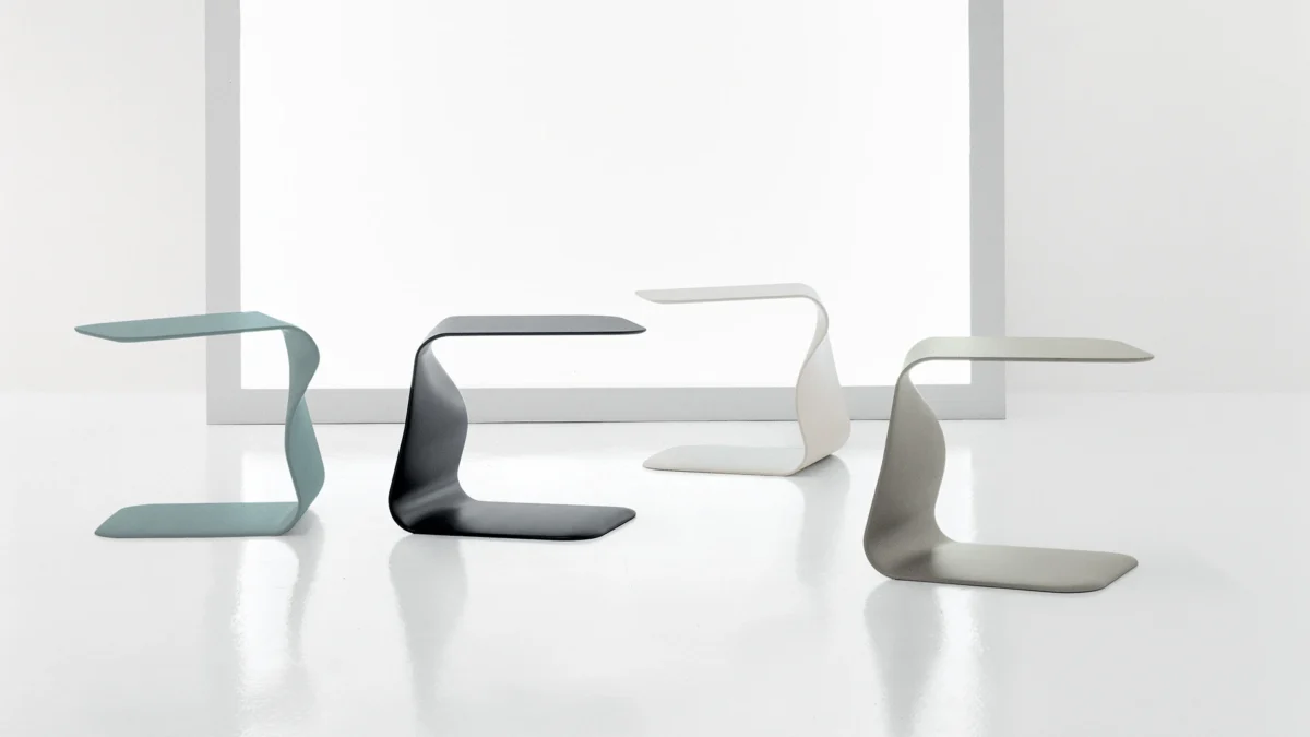 Elegant Bonaldo Duffy multifunctional coffee table with pure aesthetic lines and ribbon-like structure