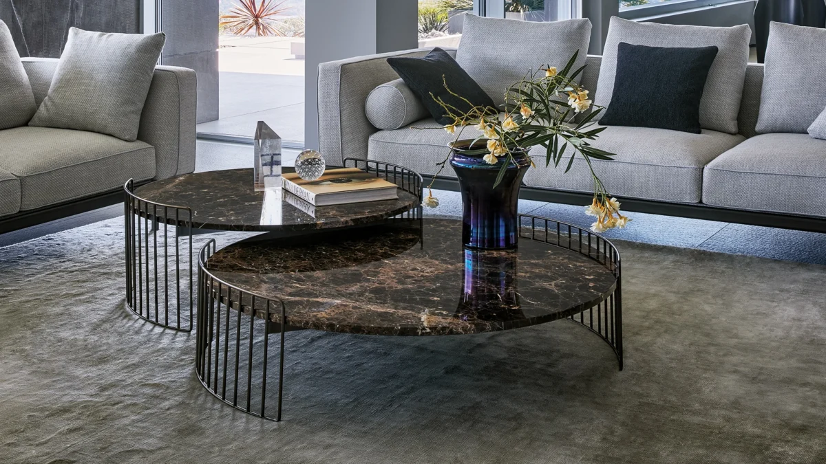 Bonaldo Harpe side table in glass top with visually light metal base echoing musical harp wire structure