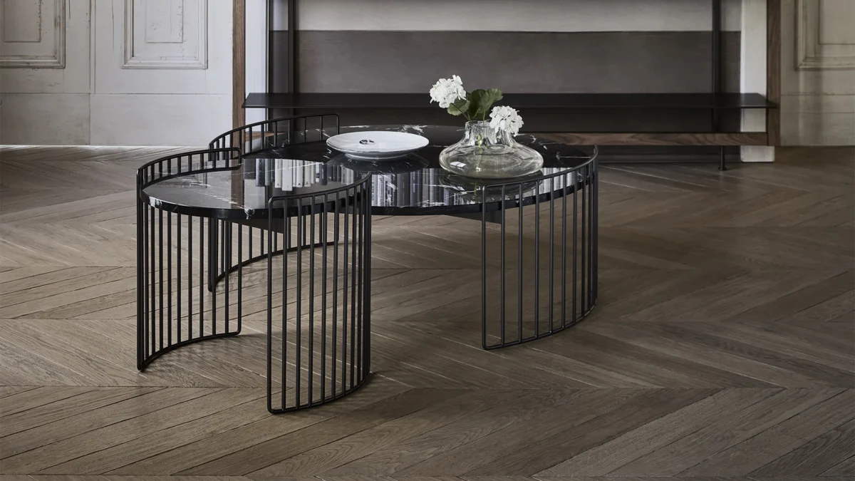 Harpe coffee table collection by Bonaldo offering three heights and multi‑material options like marble, glass, or metal tops