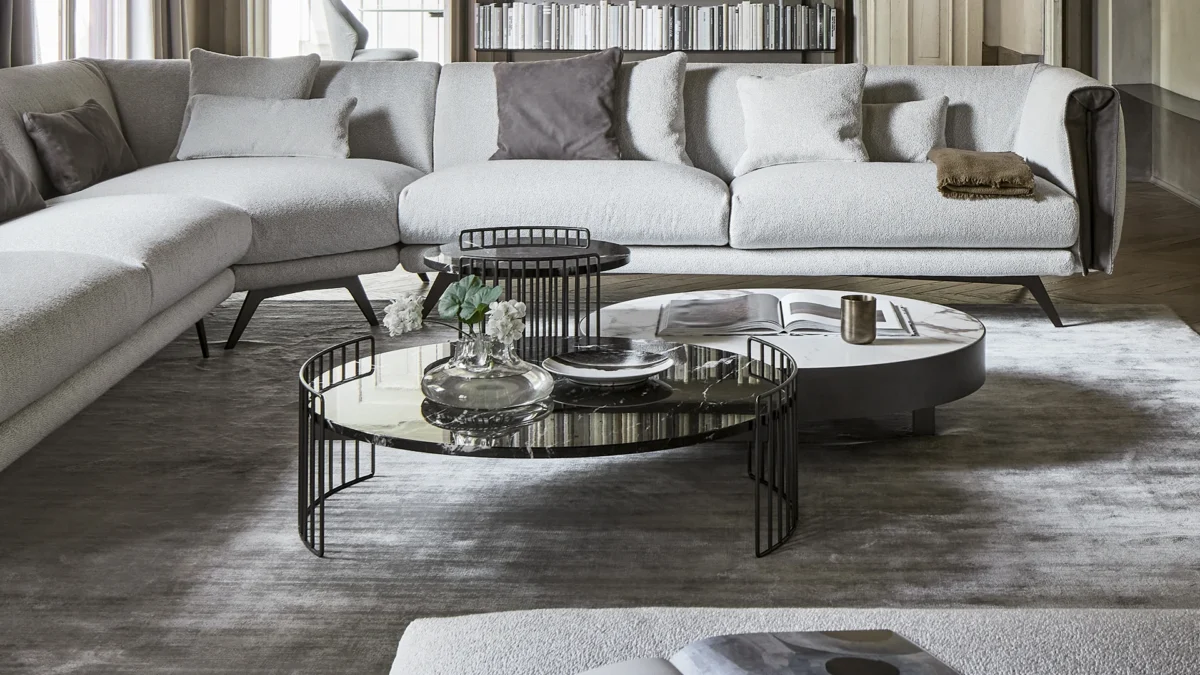 Harpe coffee table collection by Bonaldo offering three heights and multi‑material options like marble, glass, or metal tops