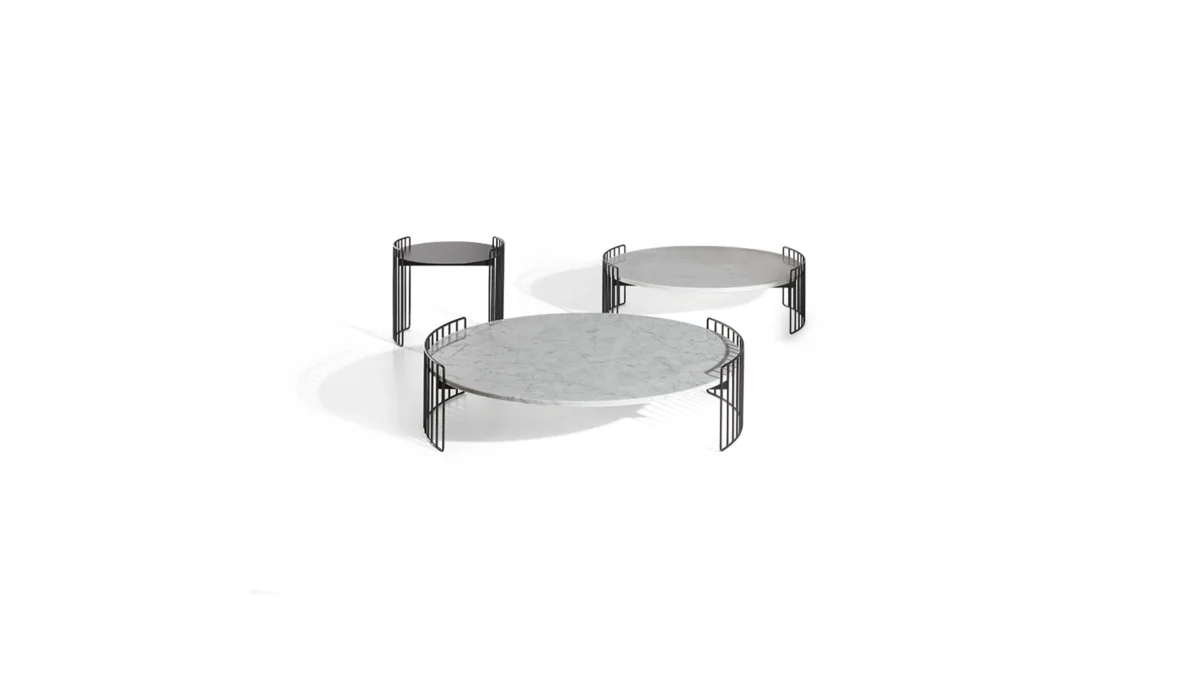 Bonaldo Harpe coffee table with round marble top and slender black metal bars encircling it like harp strings