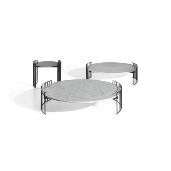 Bonaldo Harpe coffee table with round marble top and slender black metal bars encircling it like harp strings