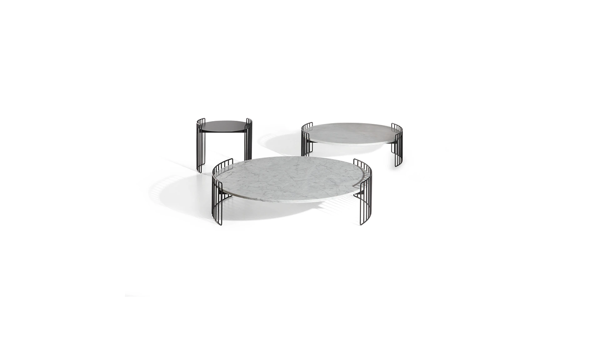 Bonaldo Harpe coffee table with round marble top and slender black metal bars encircling it like harp strings