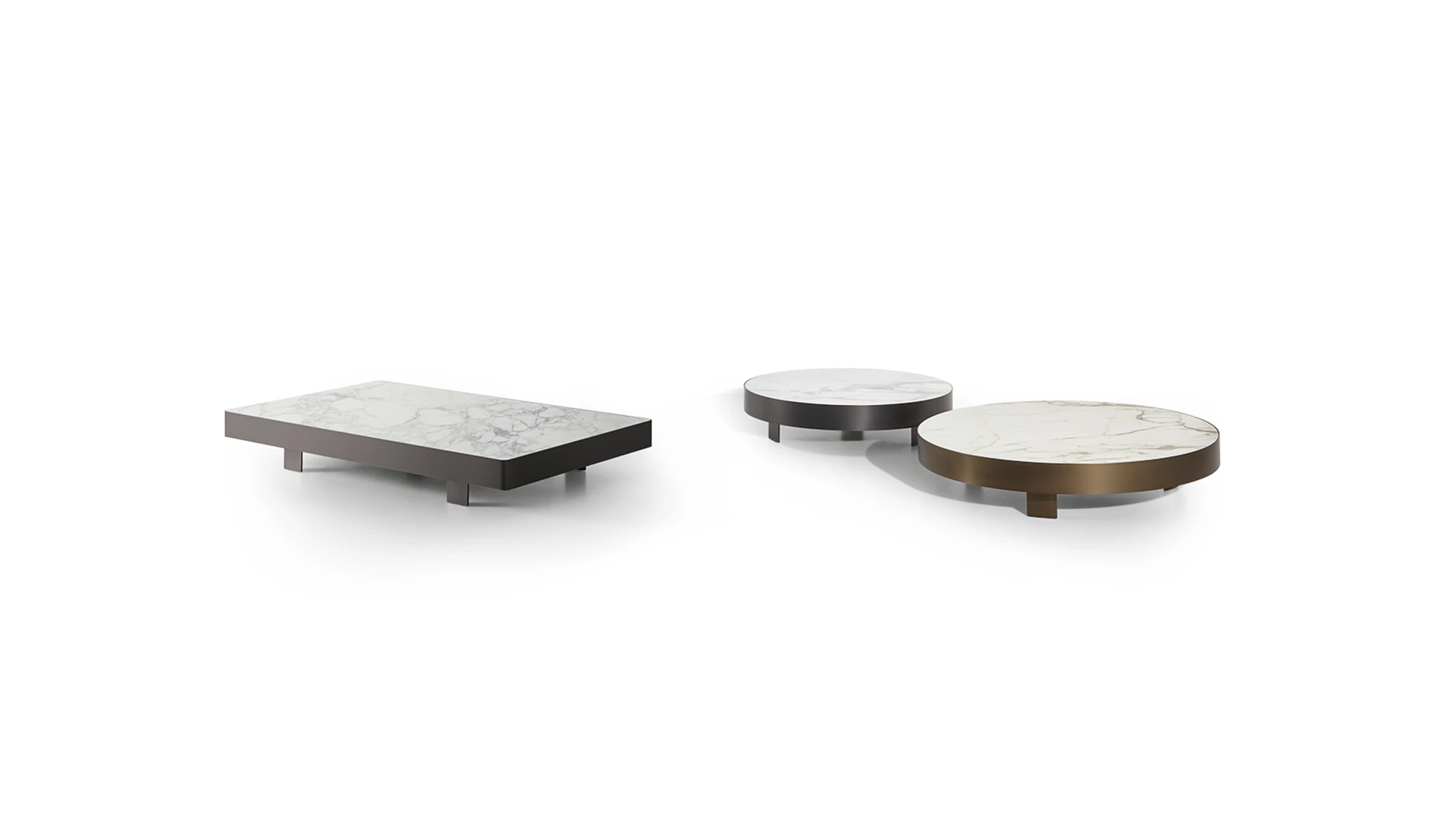 Bonaldo Jazz round coffee table with low-profile metal edge and floating ceramic top, supported on hidden geometric feet