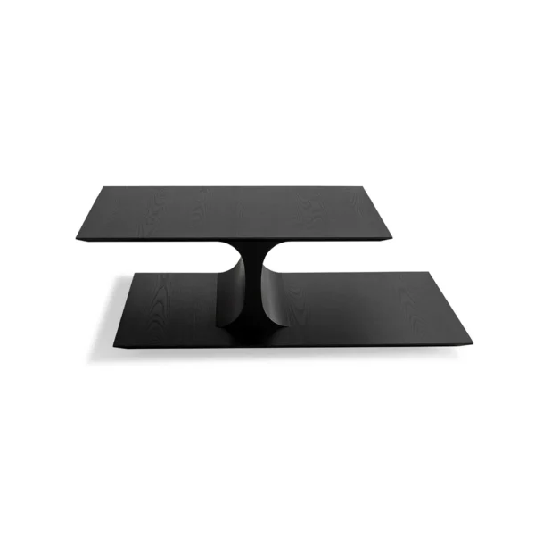 Bonaldo Kasumi coffee table with two-level ash wood surfaces and sculptural curved connector, inspired by Noh theatre stage