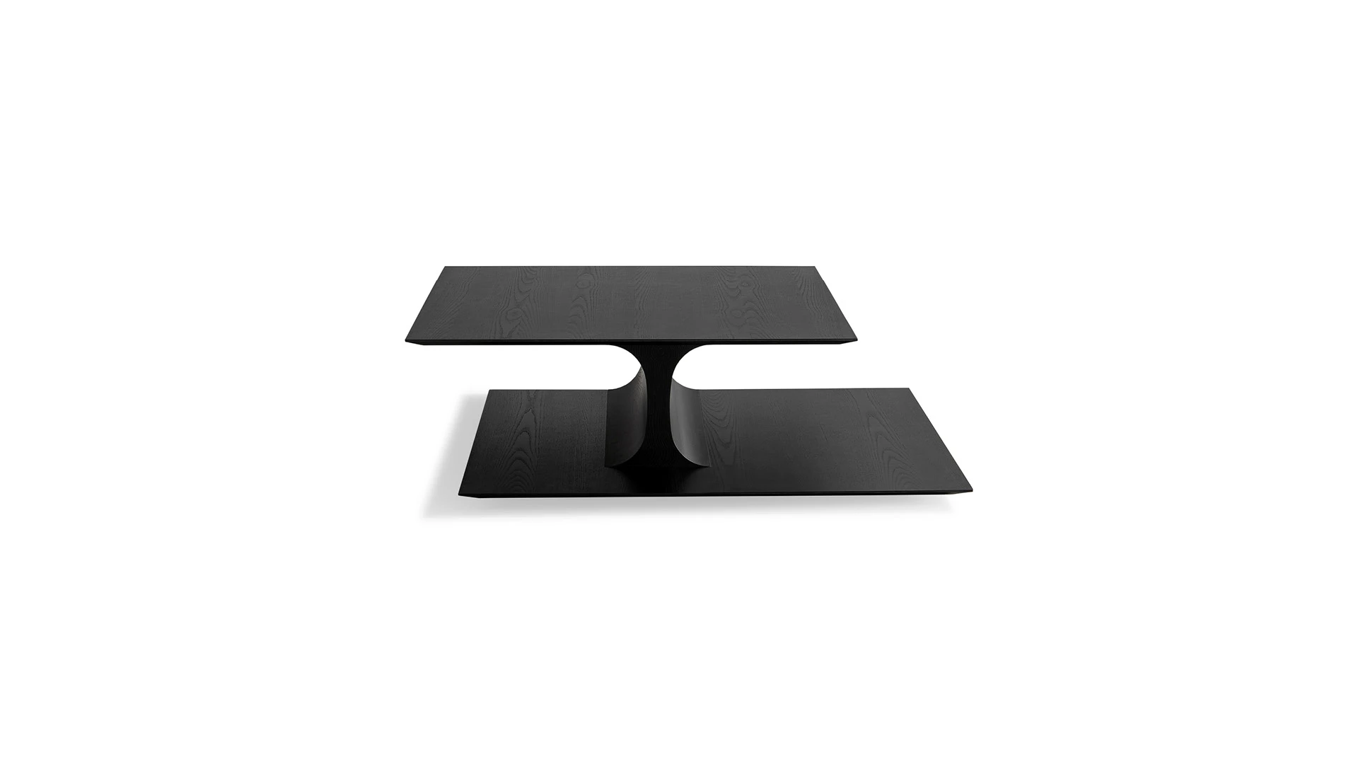 Bonaldo Kasumi coffee table with two-level ash wood surfaces and sculptural curved connector, inspired by Noh theatre stage