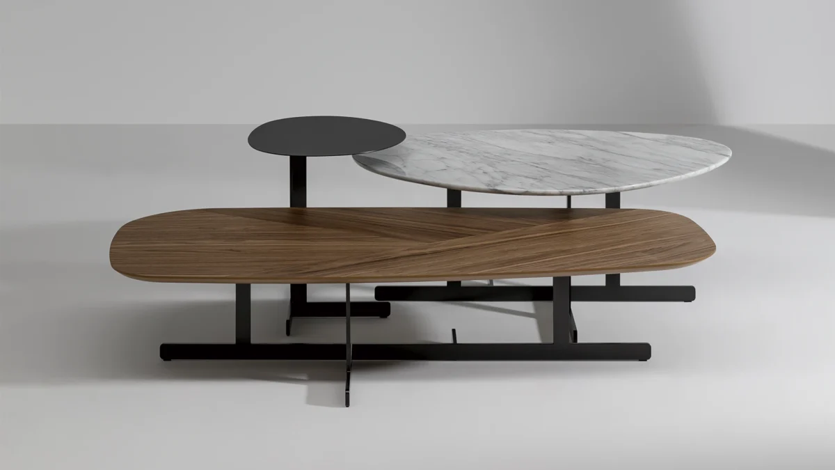 Fist side table by Bonaldo with bold oversized column support and warm walnut tabletop—perfect for a modern living area