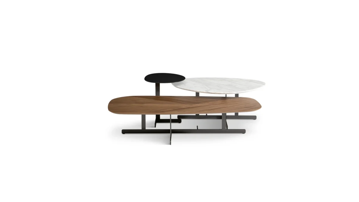 Bonaldo Fist coffee table featuring a rounded solid wood top perched on a strong cylindrical pedestal base in matte black finish