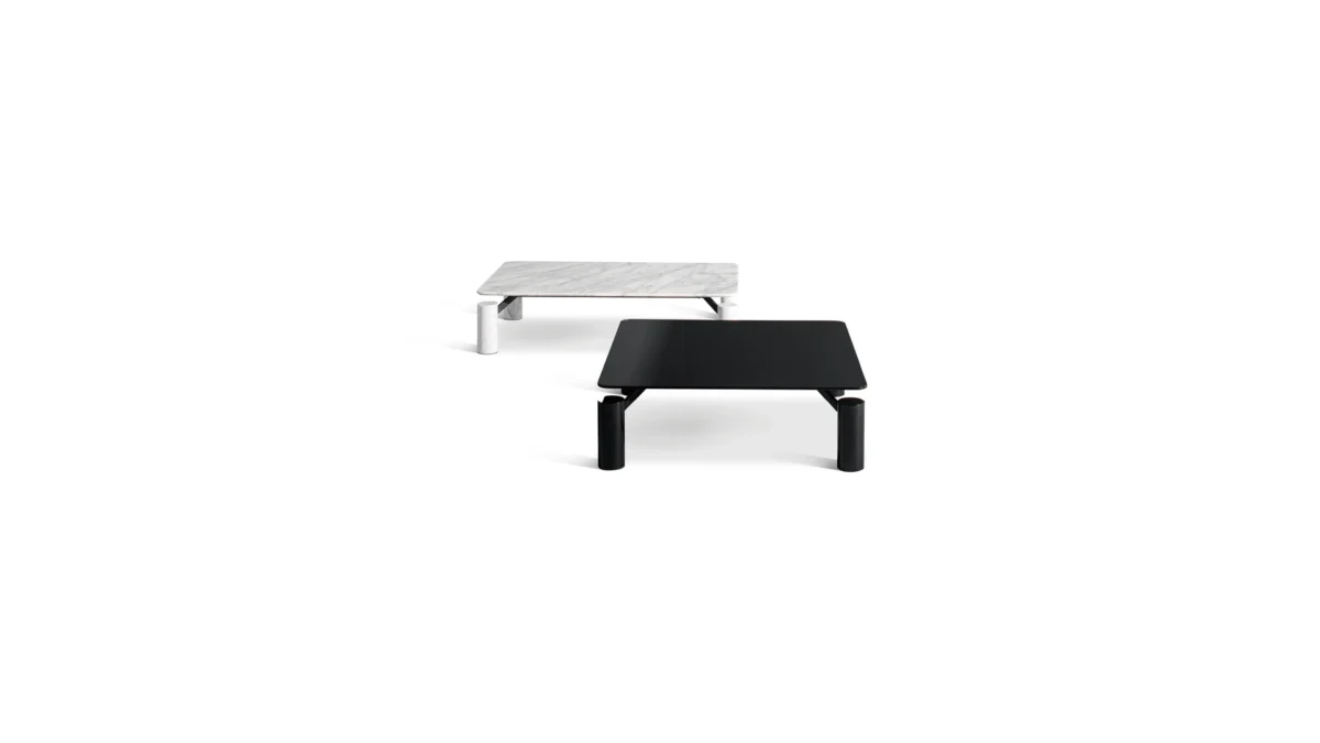 Bonaldo Magic coffee table with levitating marble top seemingly floating above cylindrical legs and hidden supports