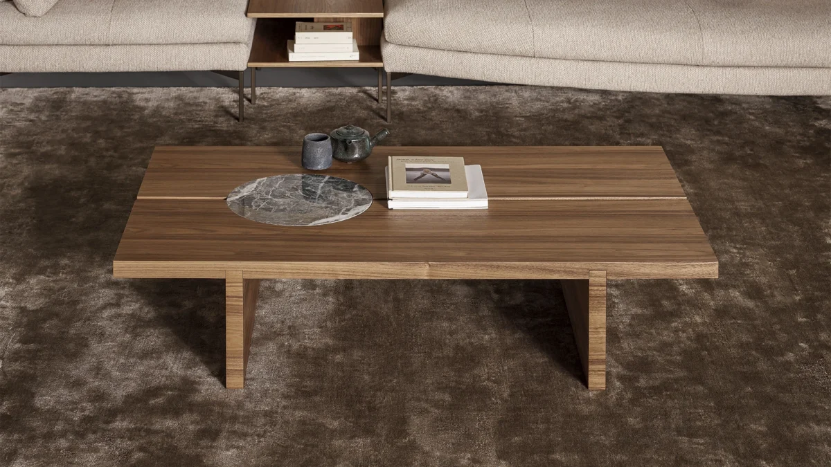 Bonaldo Moon elegant rectangular table with coal oak and glossy Black Onyx ceramic disk giving sculptural visual depth