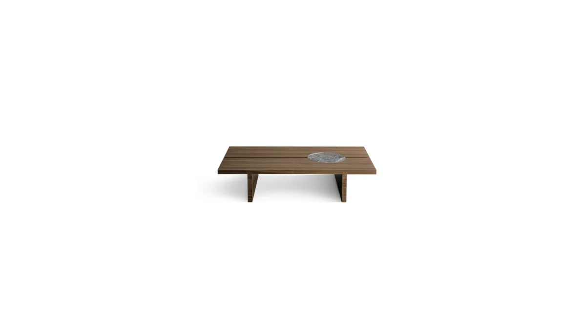 Bonaldo Moon coffee table with suspended canaletto walnut top and circular ceramic-inset accent, inspired by minimalist Japanese design