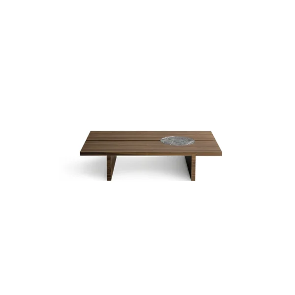 Bonaldo Moon coffee table with suspended canaletto walnut top and circular ceramic-inset accent, inspired by minimalist Japanese design
