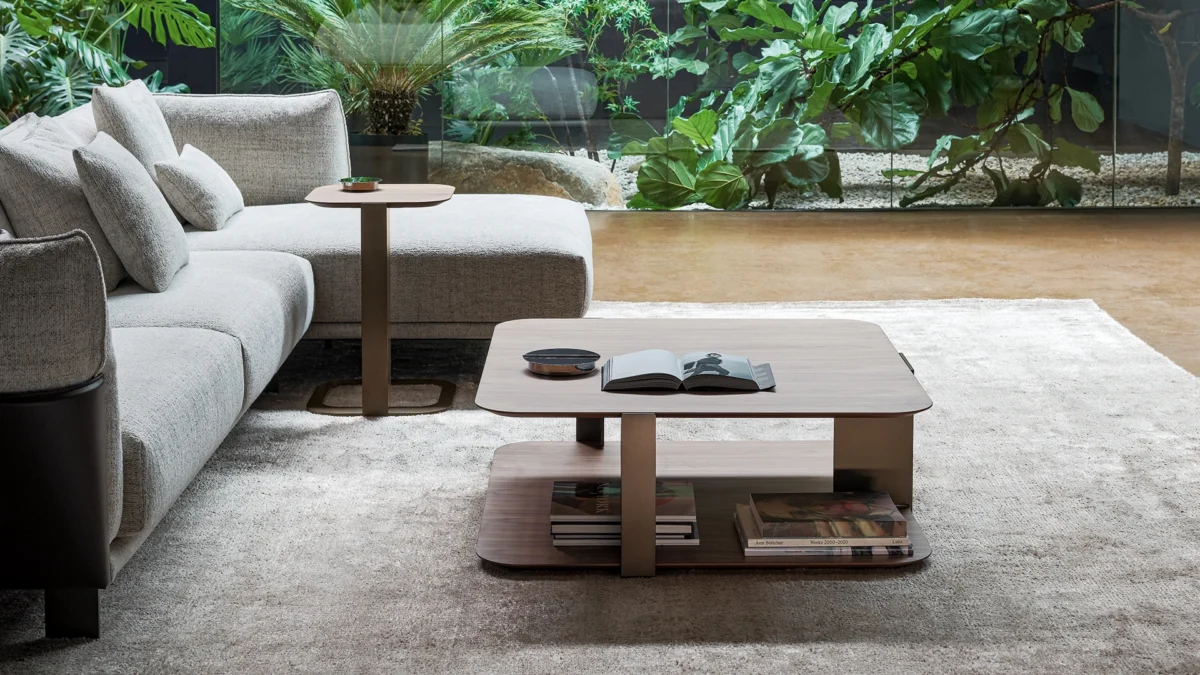 Paddle coffee table by Bonaldo, minimal light‑linear Italian design in walnut and bronze from collection 2023