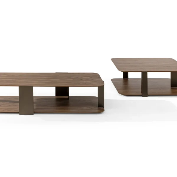 Bonaldo Paddle coffee table in Canaletto walnut with rectangular double-tier top and bronze metal supports