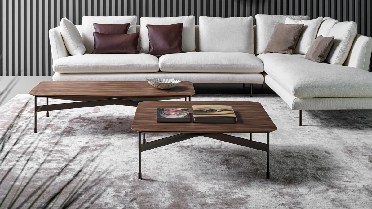 Modern Bonaldo Peak coffee table with dark coal oak top and diagonal metal support offering visual lightness