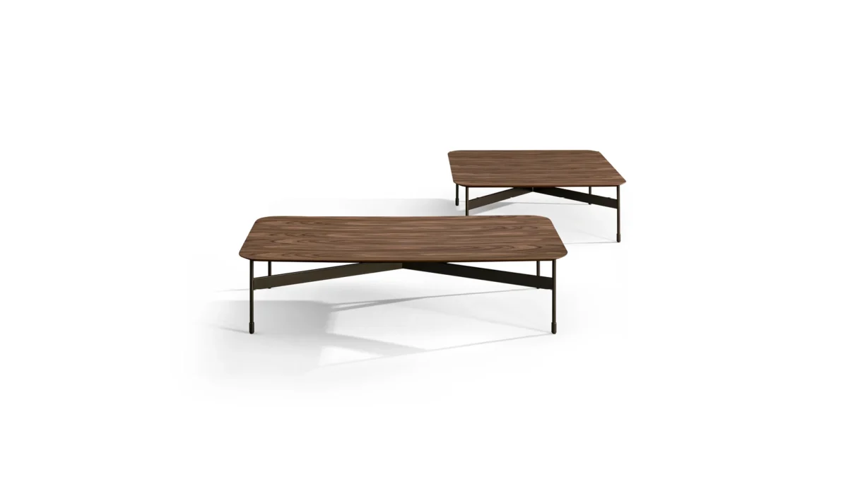 Bonaldo Peak table with flared solid wood top and slender X-braced metal legs combining elegance and stability