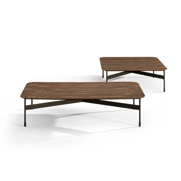 Bonaldo Peak table with flared solid wood top and slender X-braced metal legs combining elegance and stability