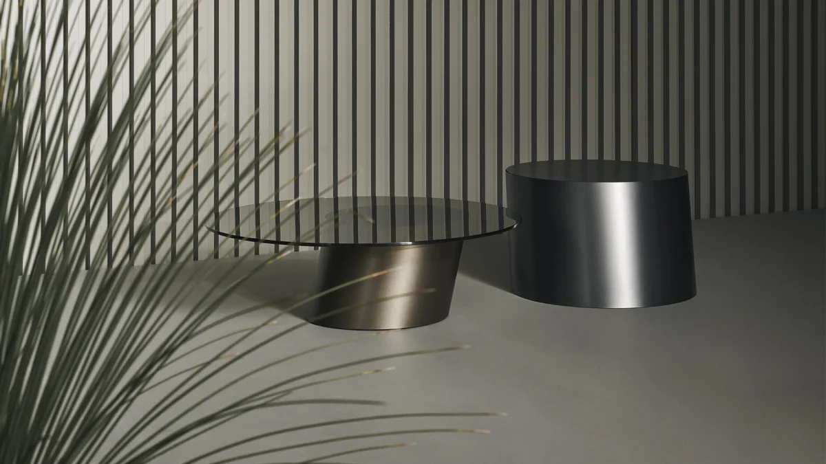 Pisa low table by Bonaldo featuring lean‑angled column base and customizable top in marble, glass, ceramic or metal