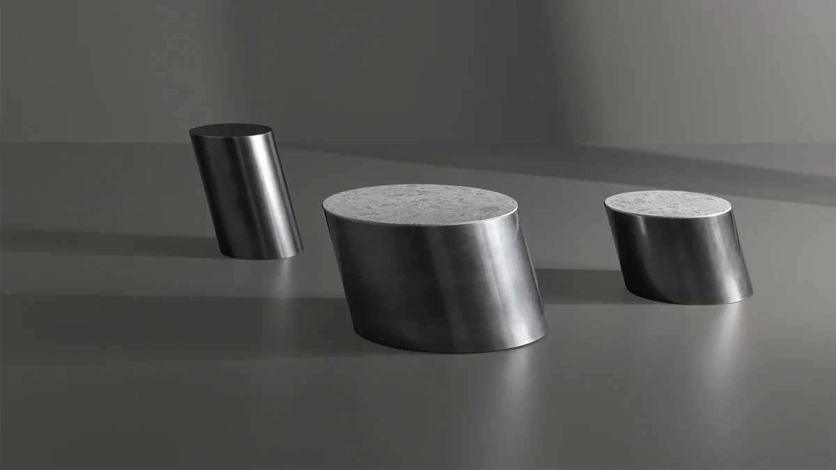 Bonaldo Pisa coffee table in anthracite‑grey metal base and gloss ceramic top, available in Ø 60 cm and Ø 115 cm sizes