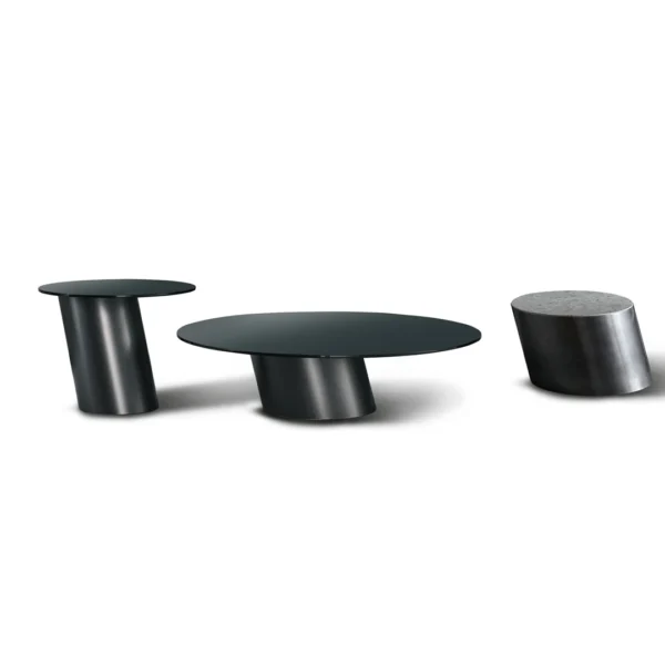 Bonaldo Pisa coffee table with slanted metal pedestal base and round smoked glass top, echoing the Leaning Tower of Pisa