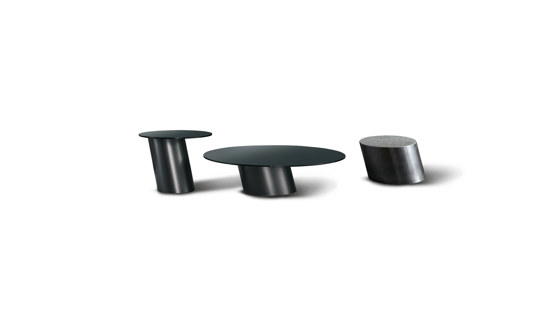 Bonaldo Pisa coffee table with slanted metal pedestal base and round smoked glass top, echoing the Leaning Tower of Pisa