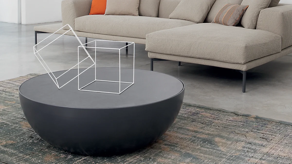 Big Planet table by Bonaldo – statement‑size semi‑sphere form in satin aluminum with acid‑etched glass for modern interiors