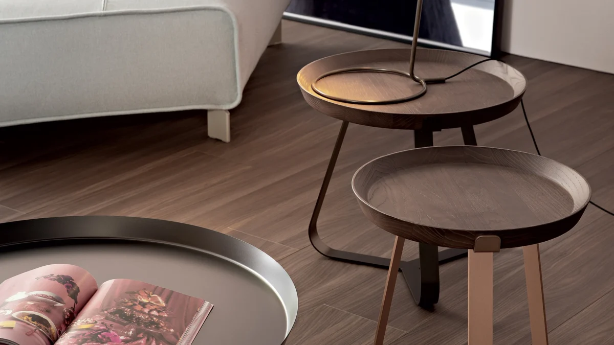 Frinfri Wood low table by Bonaldo in natural wood finish, combining geometric leg structure and soft-edged tray top