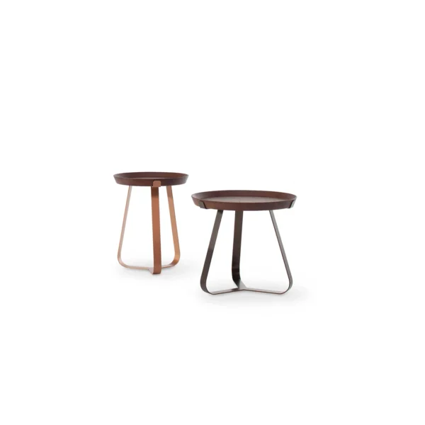 Bonaldo Frinfri coffee table in walnut wood with removable tray-style top and slender metal legs in curved triangle form