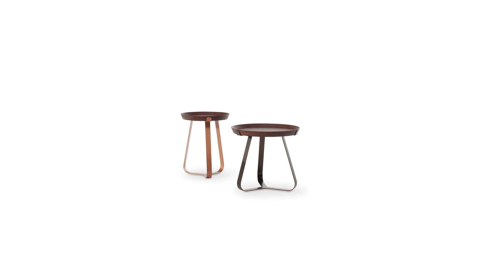 Bonaldo Frinfri coffee table in walnut wood with removable tray-style top and slender metal legs in curved triangle form