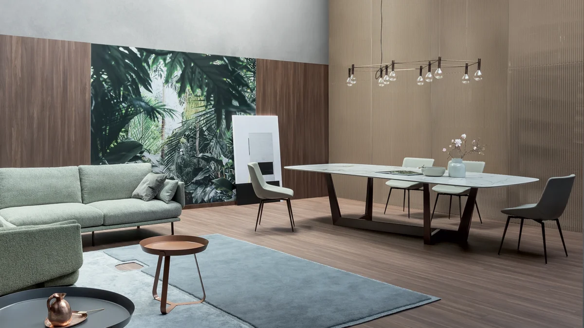 Bonaldo Art Wood table combining dynamic diagonal wood geometry and customizable glass or ceramic surface