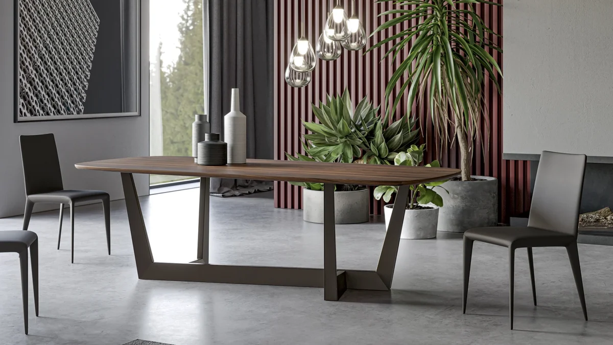 Bonaldo Art Wood dining table with solid American walnut trapezium base and elegant bronzed glass top