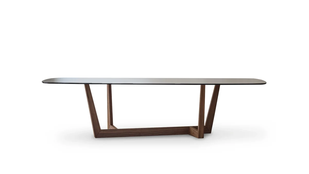 Bonaldo Art Wood dining table with solid American walnut trapezium base and elegant bronzed glass top