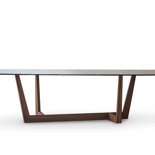 Bonaldo Art Wood dining table with solid American walnut trapezium base and elegant bronzed glass top