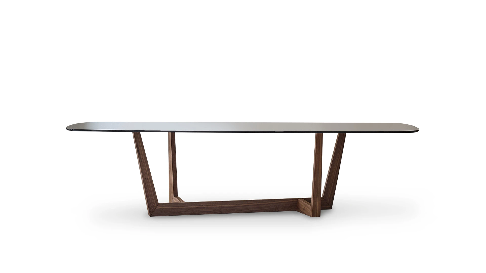 Bonaldo Art Wood dining table with solid American walnut trapezium base and elegant bronzed glass top