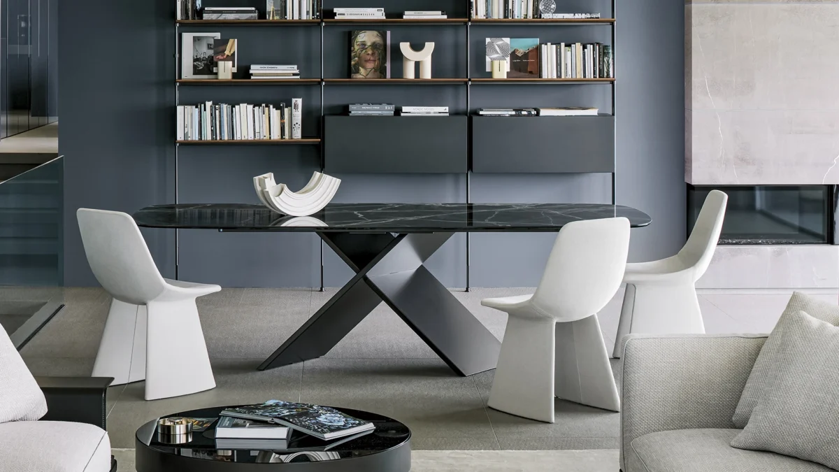 Bonaldo AX extendable table with geometric steel base and sleek ceramic-inset top, for modern dining spaces