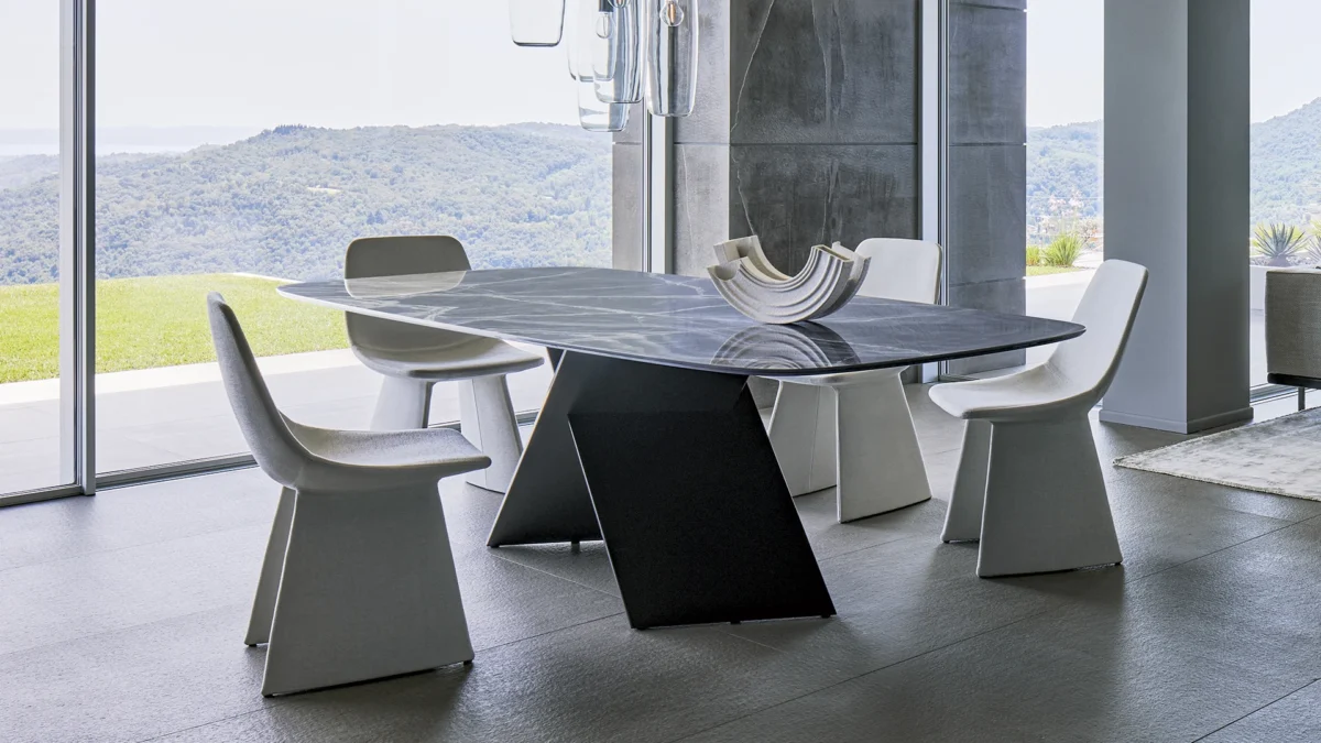 Contemporary AX table by Bonaldo showcasing X‑frame painted metal supports under a live‑edge wood top