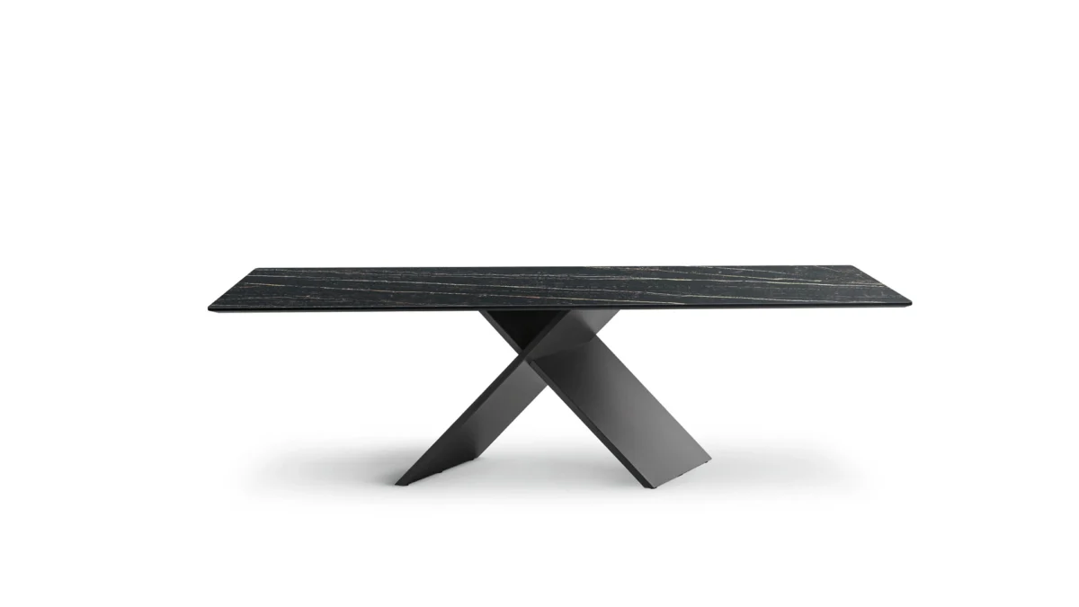Bonaldo AX dining table with X‑shaped painted‑metal base and rectangular ceramic top, minimalist Italian craftsmanship