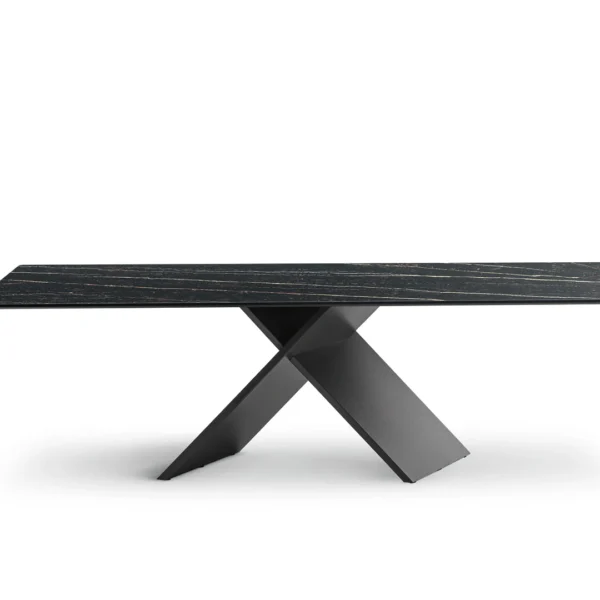 Bonaldo AX dining table with X‑shaped painted‑metal base and rectangular ceramic top, minimalist Italian craftsmanship