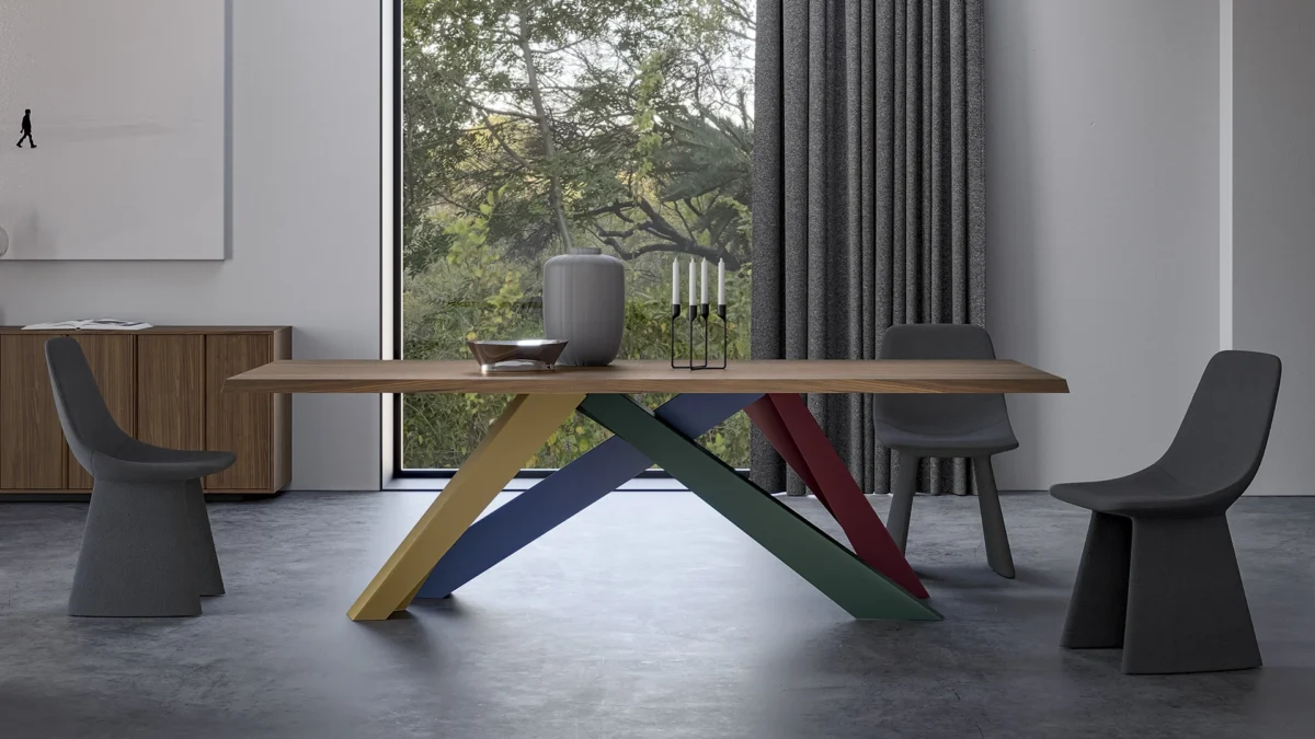Big Table by Bonaldo, large dining table with angled metal supports and customizable finishes in wood, ceramic, marble or glass