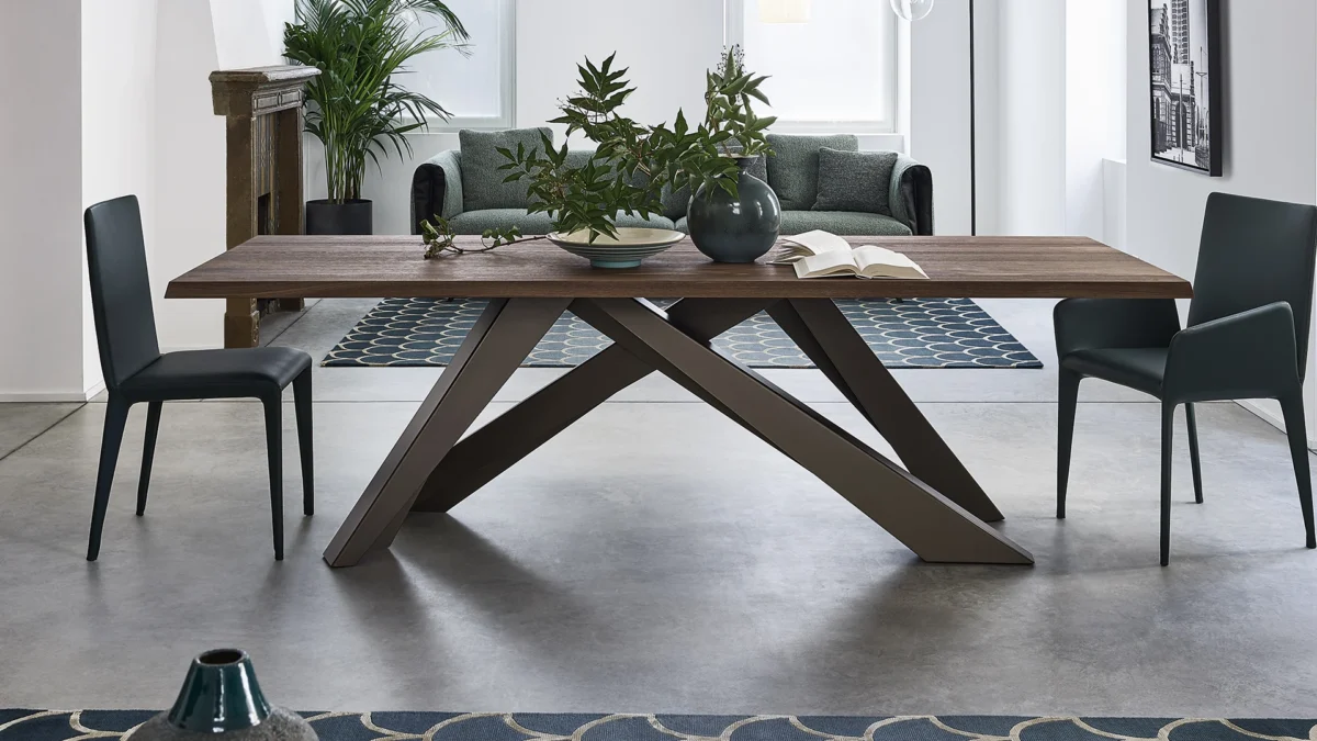 Bonaldo Big Table fixed rectangular model, metal base in custom matte lead with wood or marble top options