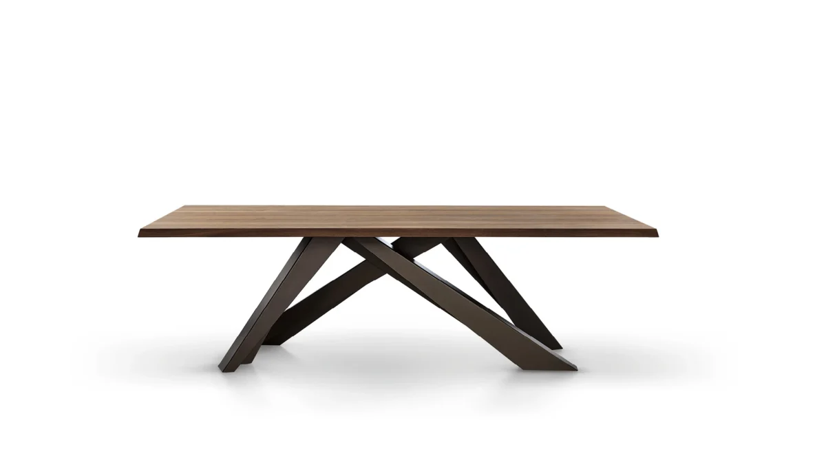 Bonaldo Big Table with sculptural laser-cut steel legs and rectangular solid wood top, combining dynamism with visual balance