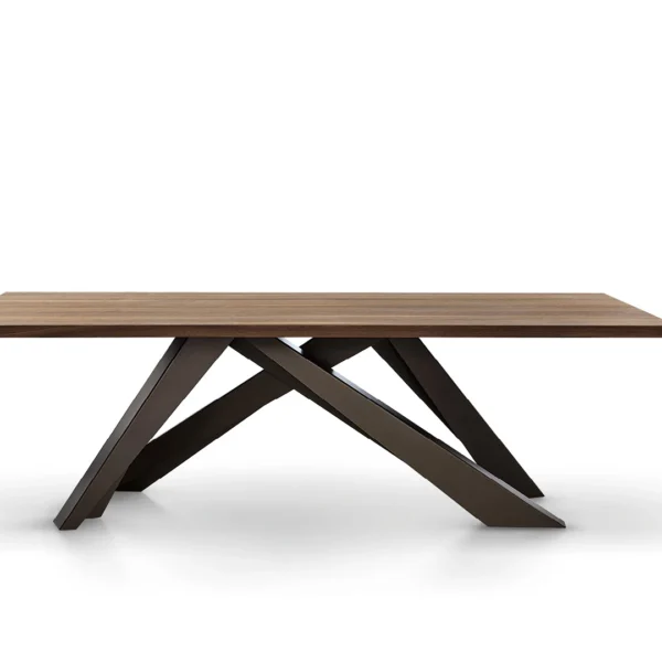 Bonaldo Big Table with sculptural laser-cut steel legs and rectangular solid wood top, combining dynamism with visual balance