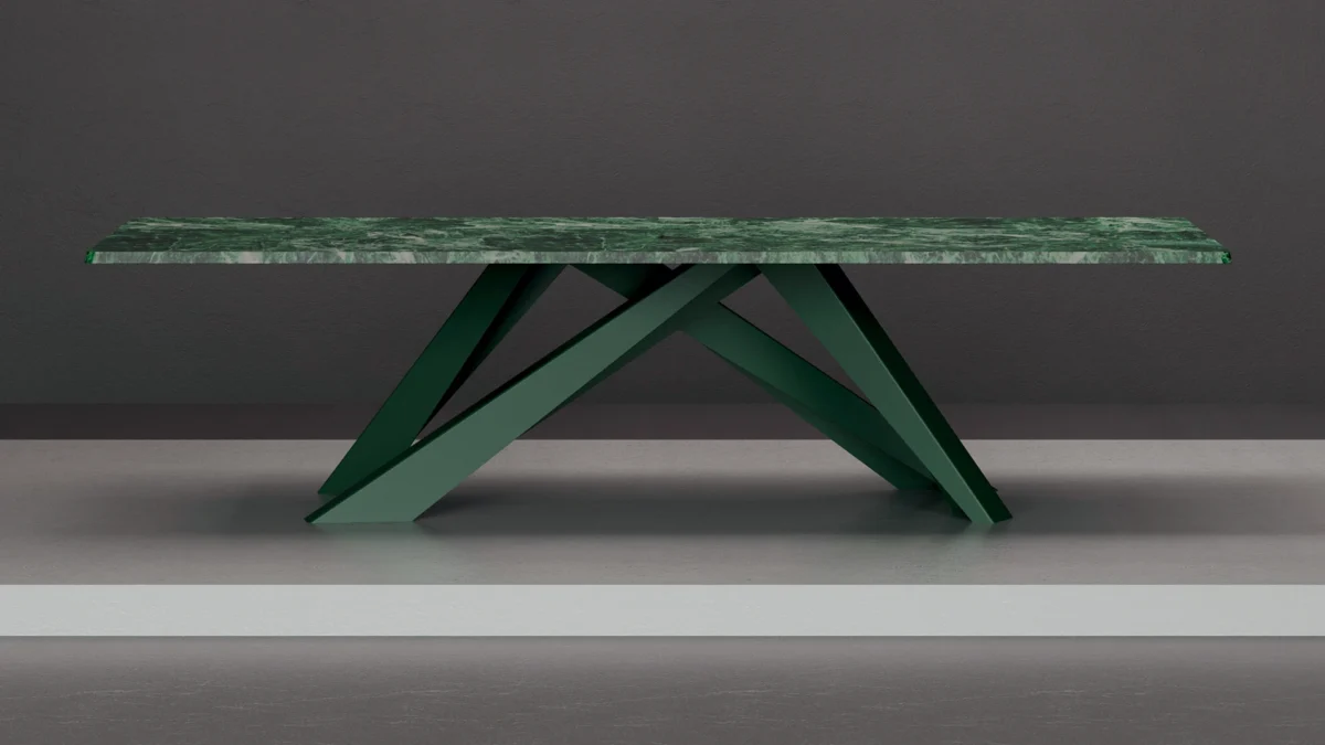 Bonaldo Big Table Anniversary Edition: sculptural interwoven steel supports with green Saint Denis stone top, available in three sizes